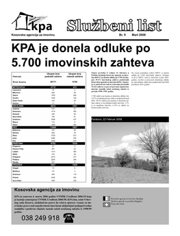 KPA Je Donela Odluke Po 5.700 Imovinskih Zahteva Nakon Završetka 5