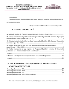 I. Sinteza Legislativă Ii. Din Activitatea Grupurilor