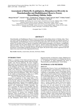 Assessment of Butterfly (Lepidoptera, Rhopalocera) Diversity in Manchabandha and Budhikhamari Reserve Forest, Mayurbhanj, Odisha, India