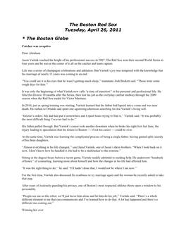 The Boston Red Sox Tuesday, April 26, 2011 * the Boston Globe