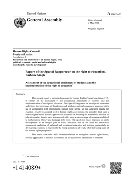 Report of the Special Rapporteur on the Right to Education in English