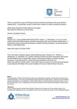 Drinking Contexts and Their Association with Acute Alcohol‐ Related Harm : a Systematic Review of Event‐Level Studies on Adults' Drinking Occasions