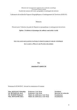 0 Laboratoire De Recherche Espaces Géographiques Et Aménagement Du Territoire (EGEAT) Mémoire Par Abdellatif TABOUCH Soutenu