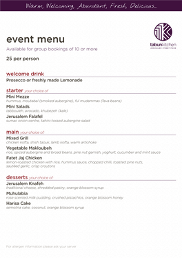 Event Menu Available for Group Bookings of 10 Or More