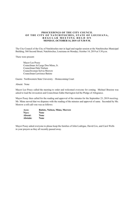 Proceedings of the City Council of the City of Natchitoches, State of Louisiana, Regular Meeting Held on Monday, October 14, 2019 at 5:30 P.M