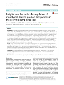 Insights Into the Molecular Regulation of Monolignol-Derived Product Biosynthesis in the Growing Hemp Hypocotyl Marc Behr1,2, Kjell Sergeant1, Céline C
