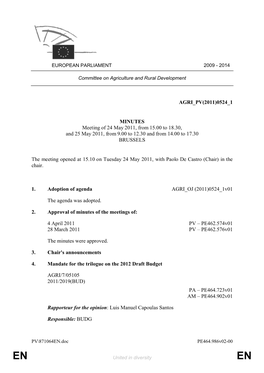 AGRI PV(2011)0524 1 MINUTES Meeting of 24 May 2011, from 15.00
