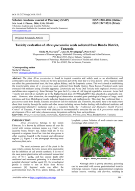 Toxicity Evaluation of Abrus Precatorius Seeds Collected from Bunda District, Tanzania Sheila M