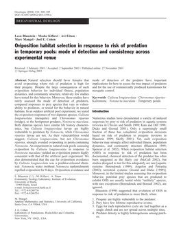 Oviposition Habitat Selection in Response to Risk of Predation in Temporary Pools: Mode of Detection and Consistency Across Experimental Venue