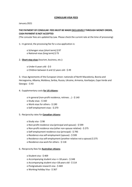 Consular Visa Fees