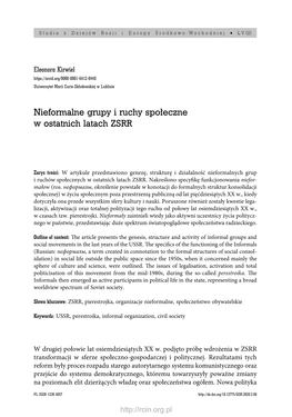 Nieformalne Grupy I Ruchy Społeczne W Ostatnich Latach ZSRR