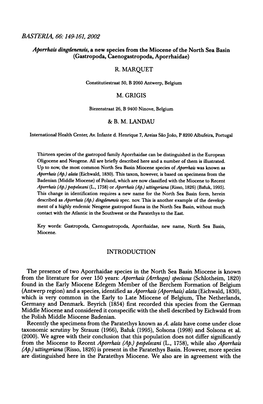 Aporrhais Dingdenensis, a New Species from the Mioceneof the North Sea Basin (Gastropoda, Caenogastropoda, Aporrhaidae)