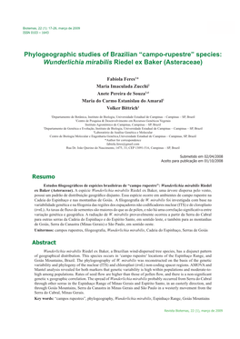 Phylogeographic Studies of Brazilian “Campo-Rupestre” Species: Wunderlichia Mirabilis Riedel Ex Baker (Asteraceae)