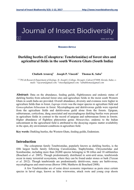 Darkling Beetles (Coleoptera: Tenebrionidae) of Forest Sites and Agricultural Fields in the South Western Ghats (South India)