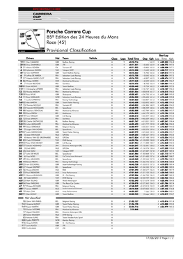 Provisional Classification 85º Edition Des 24 Heures Du Mans Porsche