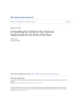 Embedding the Global in the National: Implications for the Role of the State Saskia Sassen University of Chicago