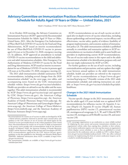 ACIP Recommended Immunization Schedule for Adults Aged 19