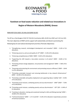 Factsheet on Food Waste Reduction and Related Eco-Innovations In