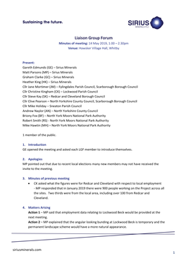 Liaison Group Forum Minutes of Meeting: 14 May 2019, 1.00 – 2.30Pm Venue: Hawsker Village Hall, Whitby