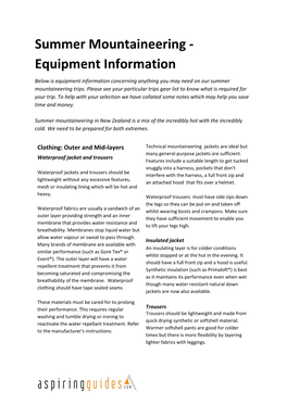 Summer Mountaineering - Equipment Information