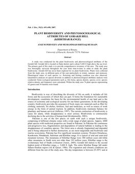 Plant Biodiversity and Phytosociological Attributes of Gorakh Hill (Khirthar Range)