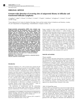 Genome-Wide Detection of Recurring Sites of Uniparental Disomy in Follicular and Transformed Follicular Lymphoma