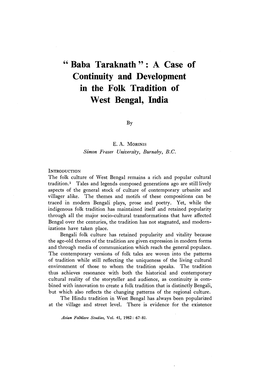 Baba Taraknath ” : a Case of Continuity and Development in the Folk Tradition of West Bengal, India