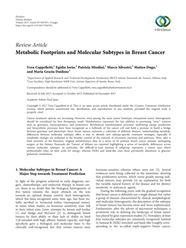 Review Article Metabolic Footprints and Molecular Subtypes in Breast Cancer