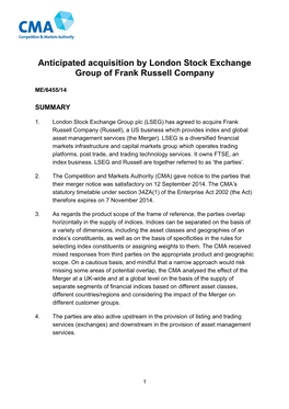 Anticipated Acquisition by London Stock Exchange Group of Frank Russell Company