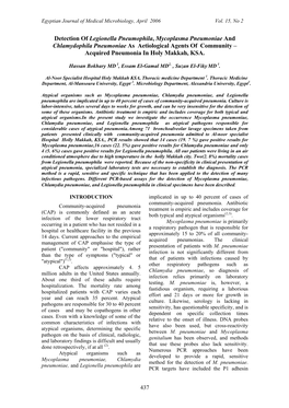 Detection of Legionella Pneumophila, Mycoplasma Pneumoniae and Chlamydophila Pneumoniae As Aetiological Agents of Community – Acquired Pneumonia in Holy Makkah, KSA