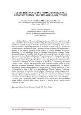 The Contribution of Two Yohanas Oemar Signs in Contingen Garuda Viii in the Middle East 1978-1979