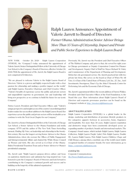 Ralph Lauren Announces Appointment of Valerie Jarrett To