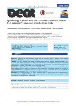 Epidemiology of Animal Bites and Associated Factors with Delay in Post-Exposure Prophylaxis; a Cross-Sectional Study