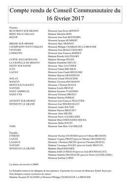 Compte Rendu De Conseil Communautaire Du 16 Février 2017