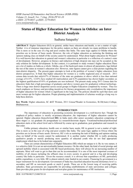 Status of Higher Education for Women in Odisha: an Inter District Analysis