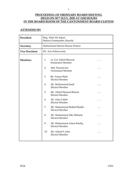 Proceeding of Ordinary Board Meeting Held on 30Th July, 2020 at 1100 Hours in the Board Room of the Cantonment Board Clifton