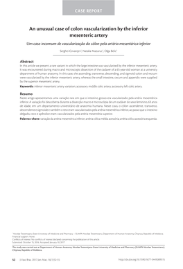 An Unusual Case of Colon Vascularization by the Inferior Mesenteric Artery Um Caso Incomum De Vascularização Do Cólon Pela Artéria Mesentérica Inferior