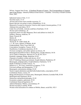 1 Wilson, Augusta Jane Evans. a Southern Woman of Letters: the Correspondence of Augusta Jane Evans Wilson. Edited by Rebecca