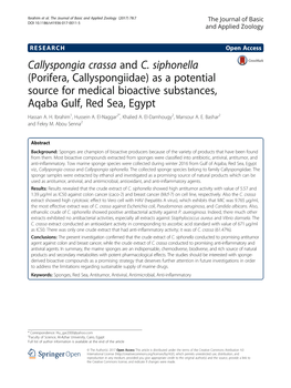 Callyspongia Crassa and C. Siphonella (Porifera, Callyspongiidae) As a Potential Source for Medical Bioactive Substances, Aqaba Gulf, Red Sea, Egypt Hassan A