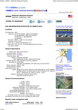 Wittman Regional Airport Oshkosh, Wisconsin, USA GOING to OSHKOSH? FAA INFORMATION EFFECTIVE 07 MARCH 2013 Location Airport Oper