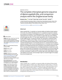 The Complete Chloroplast Genome Sequence of Alpinia Oxyphylla Miq