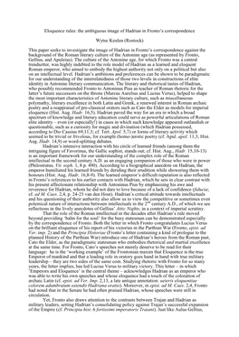 Eloquence Rules: the Ambiguous Image of Hadrian in Fronto's Correspondence Wytse Keulen (Rostock) This Paper Seeks to Investi