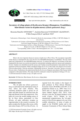 Inventory of Refuge Plants of Recilia Mica Kramer (Homoptera, Cicadellidae), Blast Disease Vector in Oil Palm Nursery (Elaeis Guineensis Jacq.)