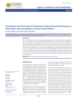 Distribution and Diversity of Freshwater Crabs (Decapoda: Brachyura: Potamidae, Gecarcinucidae) in Iranian Inland Waters Ardavan Farhadi , Muzaffer Mustafa Harlıoğlu