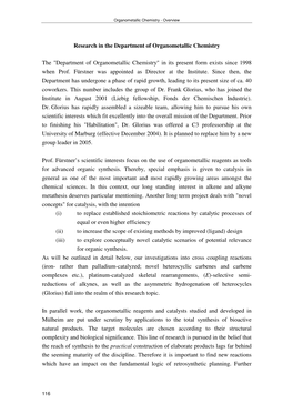 Research in the Department of Organometallic Chemistry