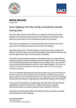 MEDIA RELEASE Huon Highway Corridor Study Consultation Period