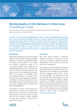 Deriving Quality of Life Indicators in Urban Areas a Practitioner's Guide