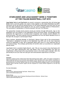 Starcasinò and Lega Basket Serie a Together at the Italian Basketball Cup 2019