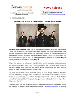 Culture Club to Play at the Hanover Theatre This Summer