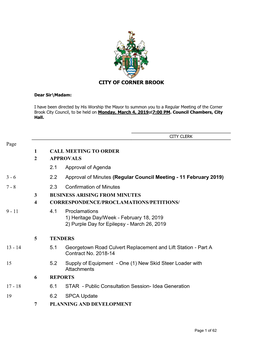 Regular Meeting of the Corner Brook City Council, to Be Held on Monday, March 4, 2019At7:00 PM